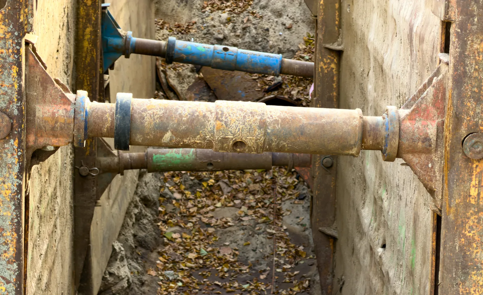 Steel trench shoring system with hydraulic struts supporting deep excavation walls